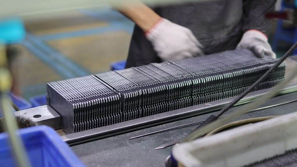 aluminum fins stack factory worker